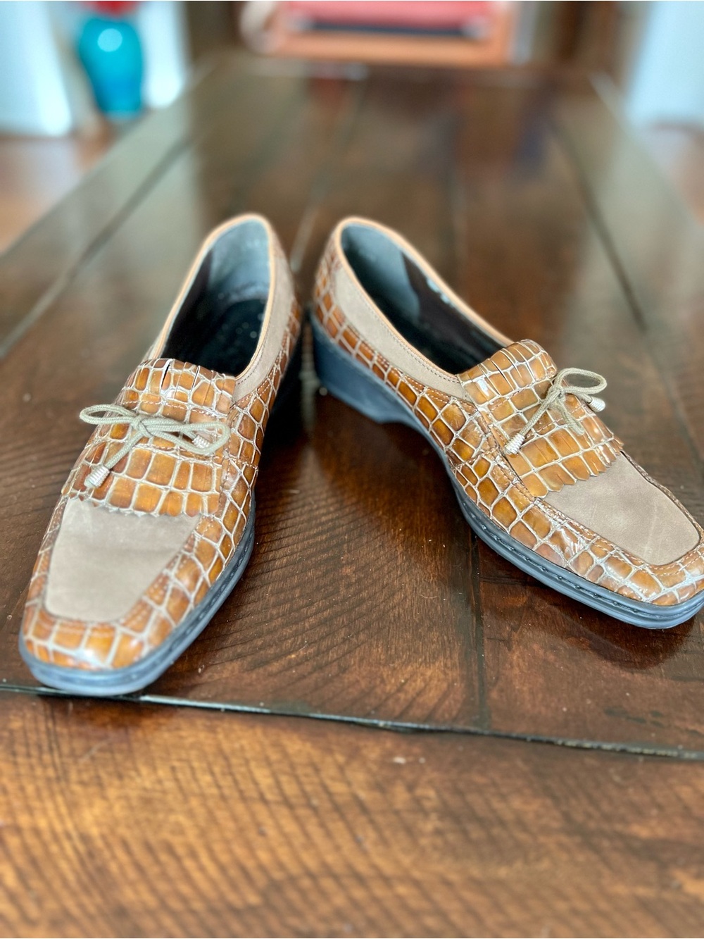 ARA Croc Embossed Leather Wedge Loafers Cognac Brown Lace Up EU 40 G
